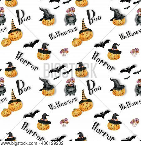 Halloween Seamless Pattern With A Bat . For Printing Fabric, Wallpaper, Packaging, Wrapping Paper, G