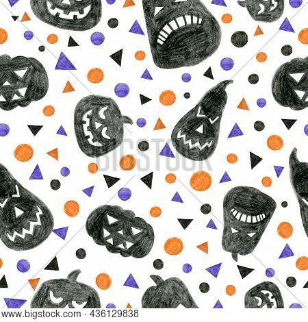 Halloween Seamless Pattern With A Pumpkins On A White Background. For Printing Fabric, Wallpaper, Pa