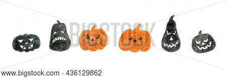 Set Of Halloween Pumpkins, With Carved Faces Silhouettes On White Background. Autumn Holidays.