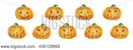 Set Of Halloween Pumpkins, With Funny Faces On White Background. Autumn Holidays.