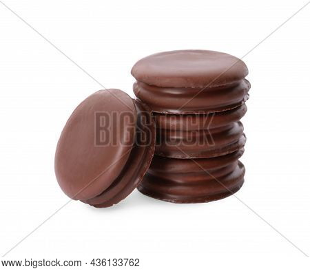 Delicious Choco Pies On White Background. Classic Snack Cakes