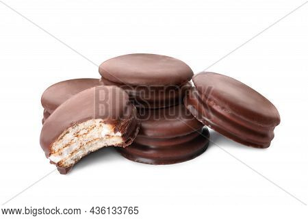 Delicious Choco Pies On White Background. Classic Snack Cakes