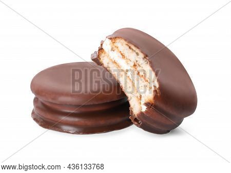 Delicious Choco Pies On White Background. Classic Snack Cakes