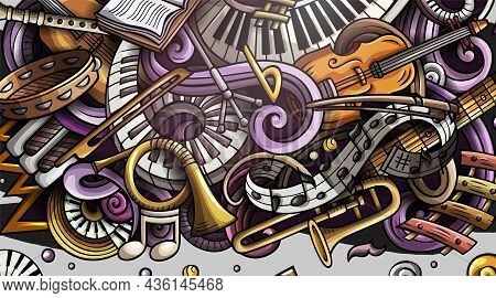 Classic Music Hand Drawn Doodle Banner. Cartoon Detailed Flyer. Musical Identity With Objects And Sy