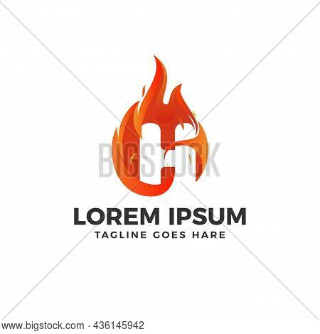 H Letter Logo Vector With Fire Illustration