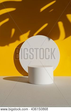 Minimal Modern Product Display Podium On Textured Gray And Illuminating Yellow Background With Moste