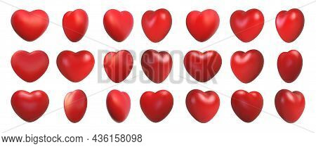 Valentines Day Love Symbol, 3d Hearts Rotation. Realistic Romantic Emoji, Red Heart Icon Front And S