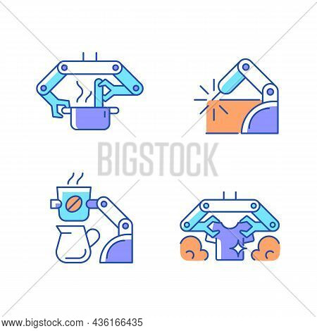 Automated Mechanical Devices Rgb Color Icons Set. Robotic Kitchen. Welding Robotics. Coffee Making R