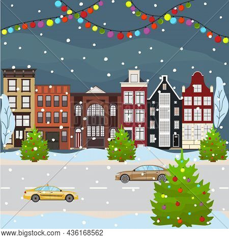 Christmas And Happy New Year City Scape Celebrating Winter Holidays. Cartoon Old Building Town Stree