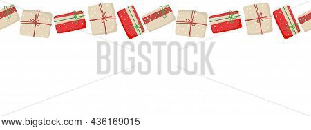 Christmas Or Happy New Year Border With Copy Space. Seamless Frame With Gift Boxes. Christmas Decora