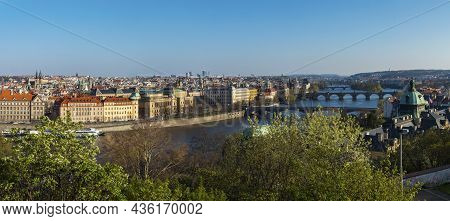 Wide Panoramic Aerial View Of Prague Old Town Architecture Roof Top And Charles Bridge Over Vltava R