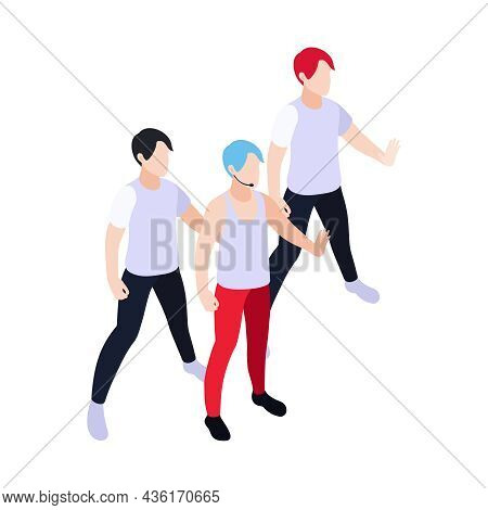 Isometric Icon With Dancing Group Of Three Young Men With Bright Hair Vector Illustration
