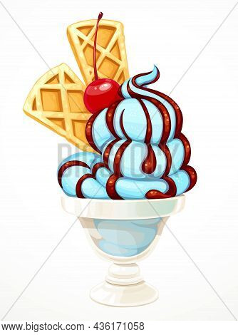 Soft Blue Ice Cream Poured With Chocolate Syrup With Cherry And Waffle Pieces  In Bowl Isolated On A