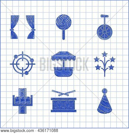 Set Attraction Carousel, Drum With Drum Sticks, Party Hat, Fireworks, Target Sport For Shooting Comp