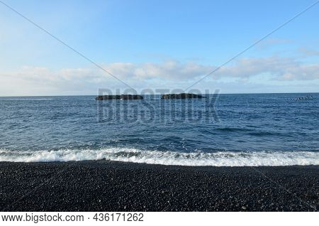 Gorgeous Scenic View Of Black Lava Rock Beach In Iceland.