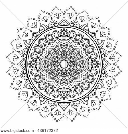 Mandala, Doodle Colouring Book Page. White-black Round. Oriental Anti-stress Therapy Patterns, Medit