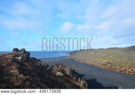 Gorgeous View Of Black Sand Beach In Scenic Iceland.