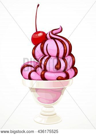 Soft Pink Fruit Or Berry Ice Cream Poured With Chocolate Syrup With Cherry In Bowl Isolated On A Whi
