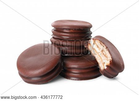 Delicious Choco Pies On White Background. Classic Snack Cakes