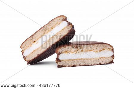 Halves Of Delicious Choco Pie Isolated On White