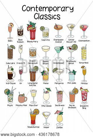 Collection Set Of Contemporary Classics Official List Cocktails Bloody Mary, Horse Neck, Cuba Libre,