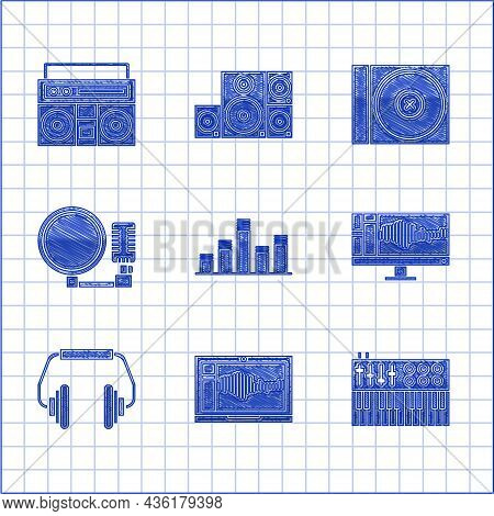 Set Music Equalizer, Sound Or Audio Recorder On Laptop, Synthesizer, Monitor, Headphones, Microphone