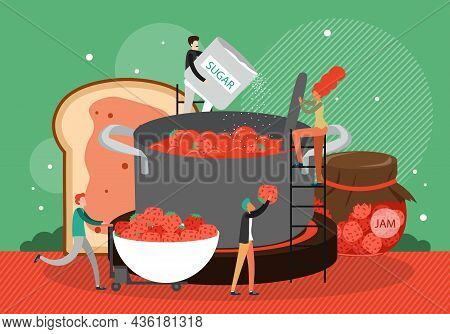 People Cooking Tasty Dessert, Handmade Food Strawberry Jam In Large Pan, Flat Vector Illustration. F