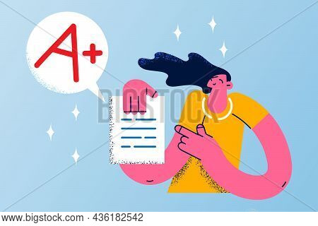 Perfect Education Marks Success Concept. Smiling Happy Girl Cartoon Character Standing Holding Docum