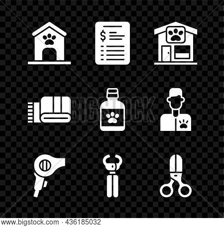 Set Dog House And Paw Print, Grooming Salon Price List, Pet Grooming, Hair Dryer, Nail Clippers, Sci