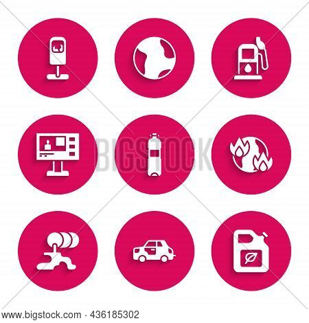 Set Bottle Of Water, Car, Bio Fuel Canister, Global Warming Fire, Barrel Oil Leak, Television Report