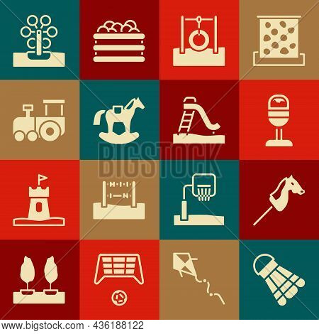 Set Badminton Shuttlecock, Toy Horse, Trash Can, Car Tire Hanging Rope, Horse Saddle Swing, Train, F