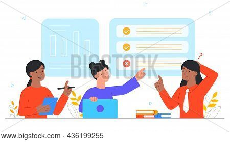 Students Checking Exam Result. Young Women Check Their Test And Work On Mistakes. Characters Selecte