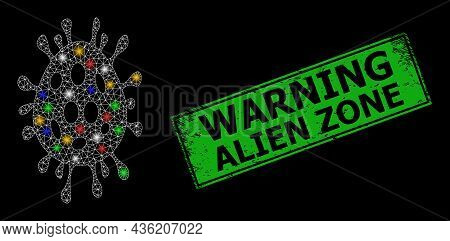 Bright Mesh Net Virus Egg With Vibrant Light Dots, And Grunge Warning Alien Zone Seal. Green Stamp S