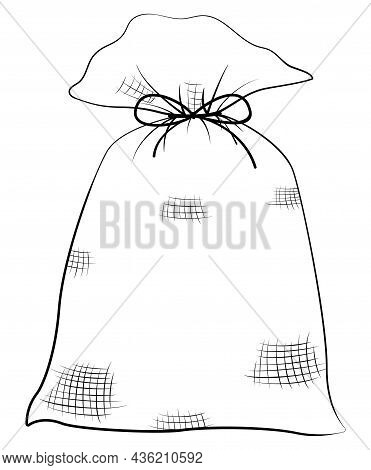 Sackcloth Vector Bag For Grocery With Tied Bow String Isolated On White. Monochrome Black Line Illus
