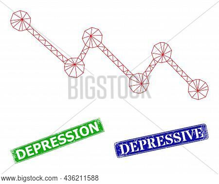 Polygonal Down Trend Image, And Depression Blue And Green Rectangular Unclean Stamps. Polygonal Wire