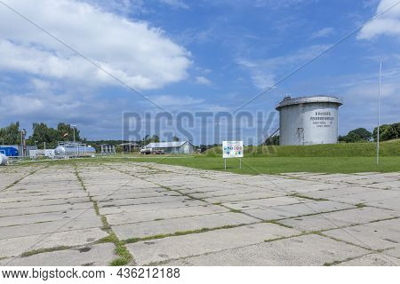 Usedom, Germany - August 5, 2015:  Silo With Flammable Oil (roherdoel Feuergefaehrlich) Danger Class