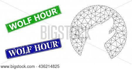 Mesh Wolf Image, And Wolf Hour Blue And Green Rectangular Textured Badges. Mesh Carcass Image Based 