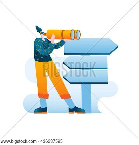A Girl In Casual Clothes Looks Through Binoculars. The Woman Stands Next To The Sign And Chooses The