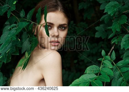 Attractive Woman Skin Care Bare Shoulders Green Leaves Nature Lifestyle