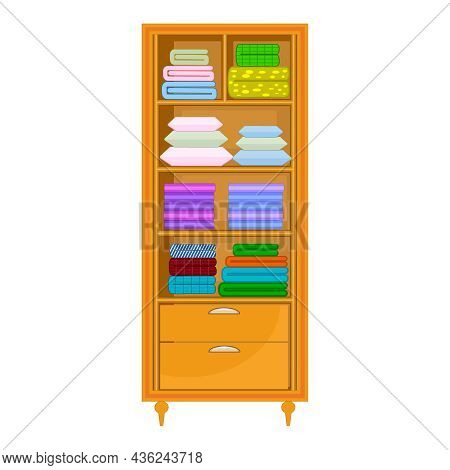 Closet With Bedding Isolated On Black Background. Shelves With Blankets, Duvets, Sheets, Pillows And
