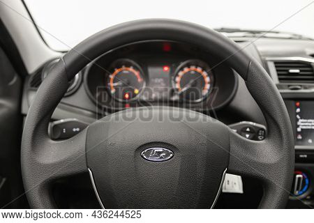 Novosibirsk, Russia - August 31, 2021:  Lada Granta, Steering Wheel With  Logo    And  Speedometer A