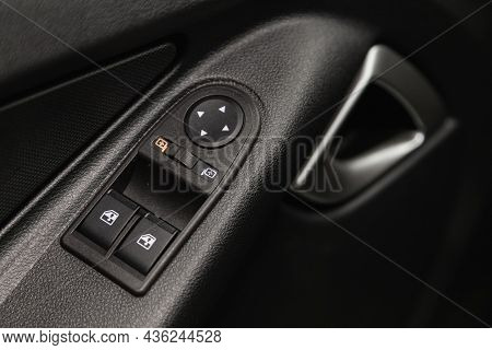 Novosibirsk, Russia - August 31, 2021:  Lada Granta, Car Door Interior Armrest With Window Control P