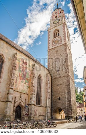 Merano,italy - July 16,2021 - View At The Bell Tower Of Church Of Saint Nicholas In Merano. Merano I