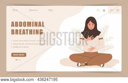 Diaphragmatic Breathing. Landing Page Template. Arab Girl Practicing Abdominal Breathing For Good Re