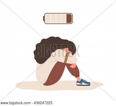 Burnout Concept. Tired Woman With Low Battery Sitting On Floor And Crying. Mental Health Problem. De