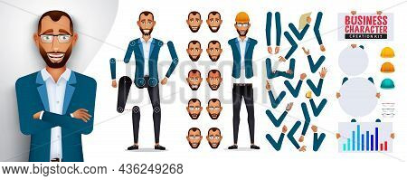 Business Man Creator Kit Vector Set. Businessman Characters Creation Body Parts With Head, Arms And 