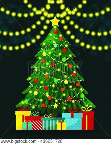 Christmas Tree Decorated With Lamp Lights, Orbaments And Candies. Gift Boxes Under The Ree. Vector I
