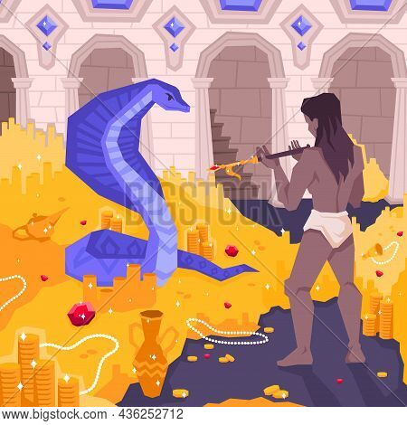 Mowgli Coloring Page Flat Composition With Mowgli Plays The Flute To Hypnotize The Snake Vector Illu