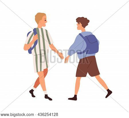 Junior Schoolkids With Schoolbags Meeting And Greeting. Boys Going To And From School. Happy Childre