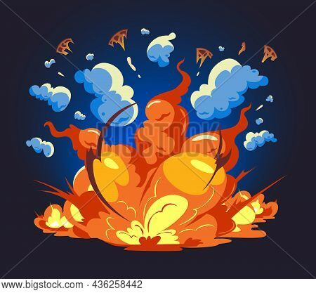 Big Bomb Explosion With Fireball Shrapnel And Smoke On Dark Background Cartoon Vector Illustration